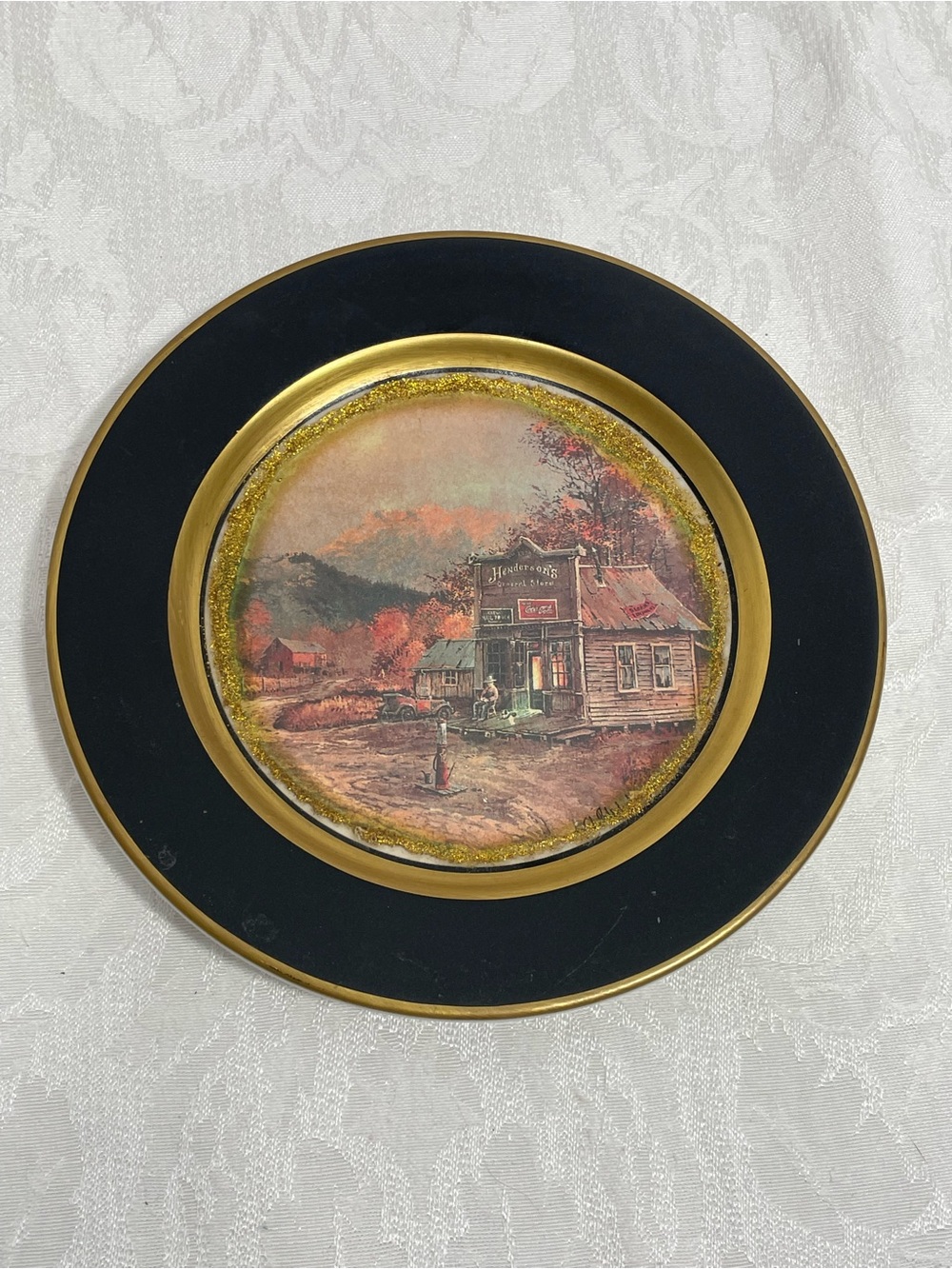 Homer Laughlin Classic Black and Gold Decorative Plate with Rural Scene